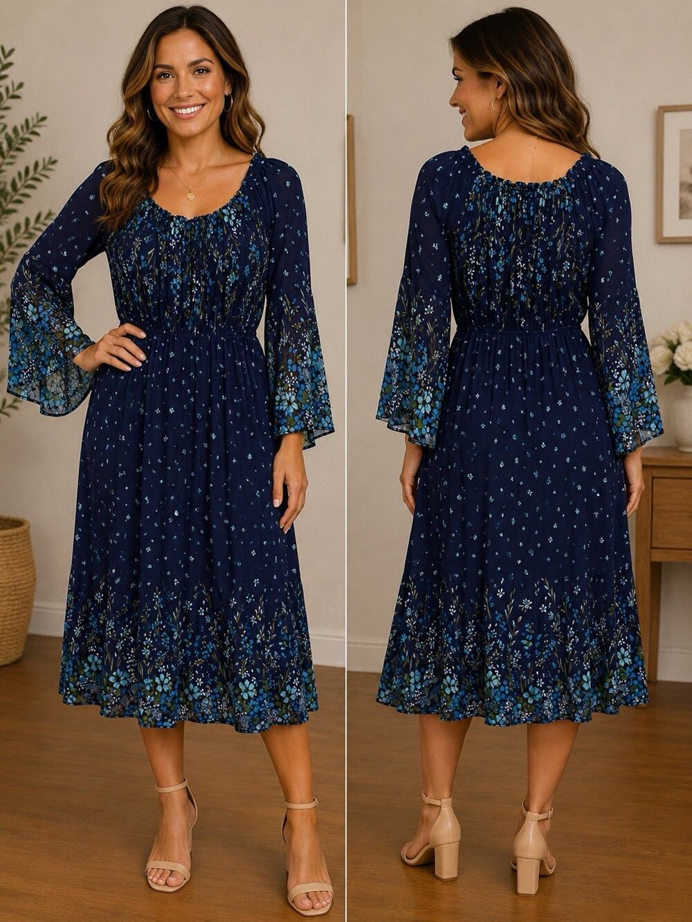 ACE Fashion Plus Size 2X Navy Blue Floral Boho Midi Dress Off Shoulder Peasant